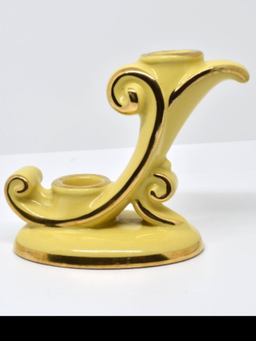 Vintage Abingdon No. 479 Double Candlestick, Yellow, Hand Painted Gold Accents